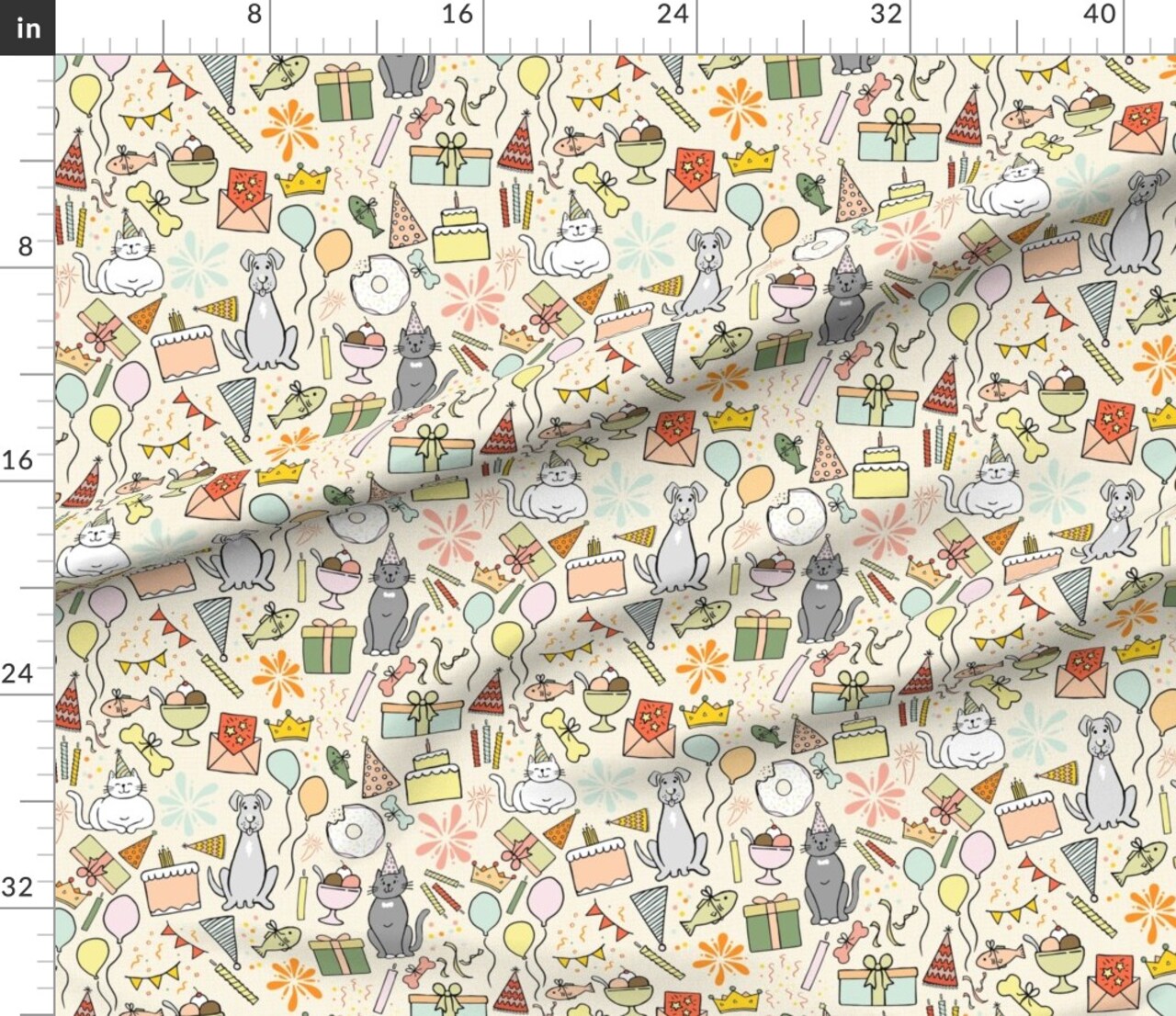 Dog Cat Multicolor Presents Whimsical Celebration Playful Balloons Pastels Candles Birthday Cake Bright Summer Colors Gift Large Scale Custom Printed Fabric by Spoonflower Various Fabrics by the Yard or Fat Quarter